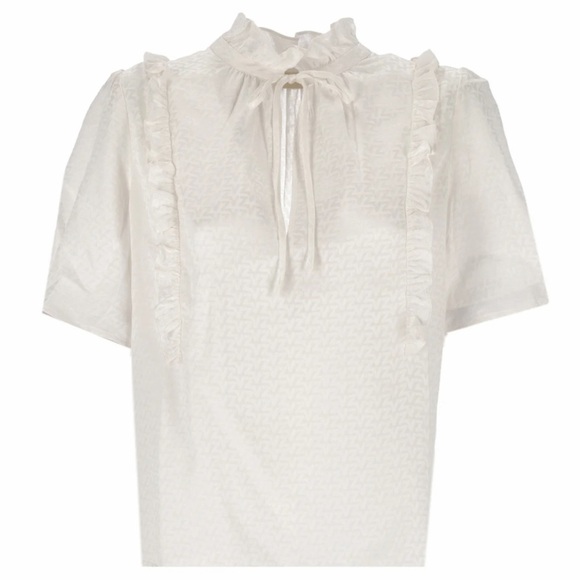 Zadig & Voltaire- Ivory Silk Short-sleeve Ruffle V Neck Blouse - Picture 1 of 7